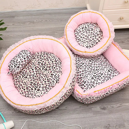 Korea Style Princess Dog Cat Bed Pink Leopard Pet House Sleeping Bag Dog Bed with Pillow Puppy Cushion Kennel Sofa Cama Perro